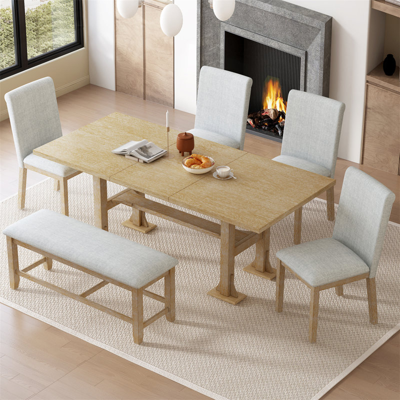 Lark Manor Farmhouse 76inch 6 Piece Extendable Dining Table Set Trestle Kitchen Table Set with 18inch Removable Leaf and Upholstered Dining Chair and Bench Lark